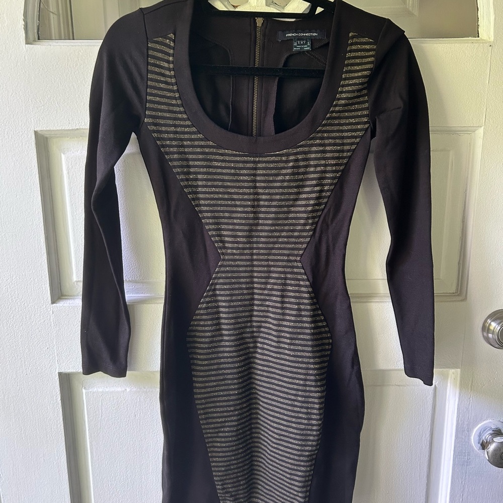 French Connection Black and Gold Long Sleeve Bodycon Dress